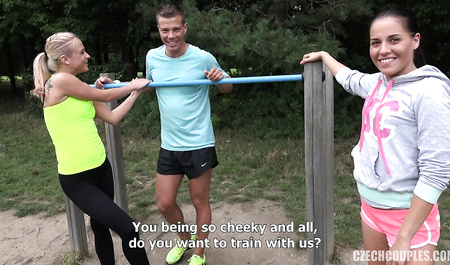 Guys from Prague seduce a cutie for rough sex in nature