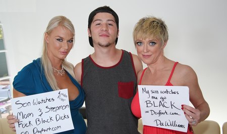 Two black guys fuck milfs with big dicks in front of a kid from the neighborhood