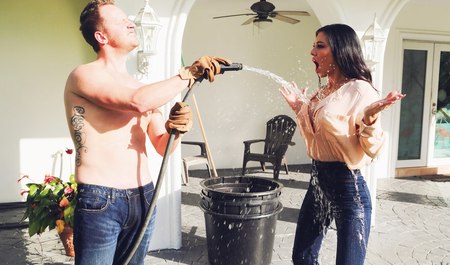 Busty babe got to the gardener and got a hot cock in her pussy doggy style