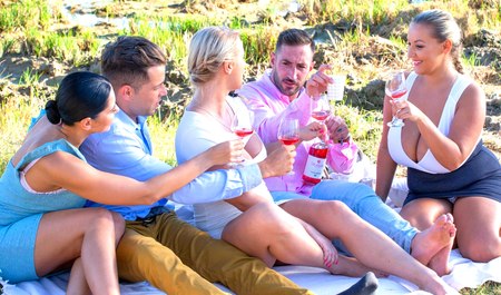 Wild orgy in nature with two guys and three girls