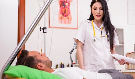 Young female doctor sucked unconscious guy's dick and got hot sex at work