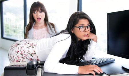 A cute chick instead of having sex with a system administrator persuades a young colleague to have sex