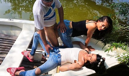 Girlfriends ride a Detroit guy on a river and have group sex in the fresh air