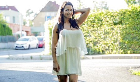 Instead of going on a trip with a friend, busty young woman had sex for money in the fresh air