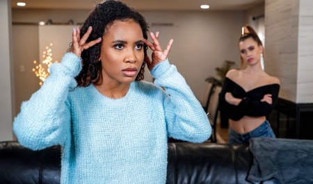 Mulatto visited her noisy neighbor and had interracial lesbian sex with her