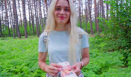 Beautiful Russian girl easily gets divorced for sex for money in the wilderness