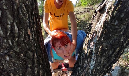 Redhead girlfriend with a big ass walks around the neighborhood and fucks her boyfriend wherever she can