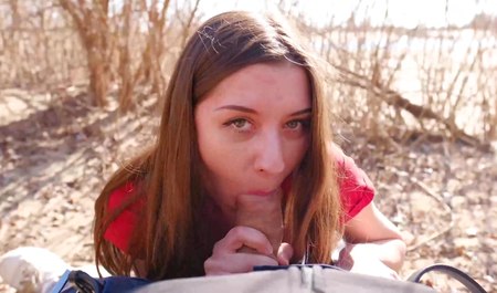 Beautiful Russian girl is not afraid of wolves, so she fucks in the woods with a perspective