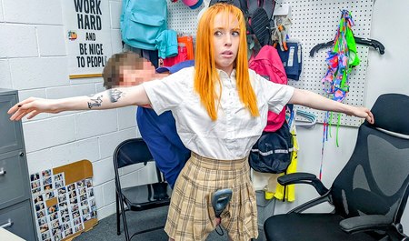 Security guard Rion King fucks redhead thief with his penis instead of cucumbers