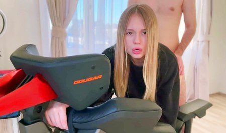 Pleased Allinika thanks her friend for the gift with sex in a chair