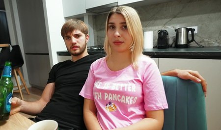 Jenny fucked her husband's friend in bed while he was in another room