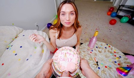 Brother celebrated his stepsister's birthday with sex and masturbation with food