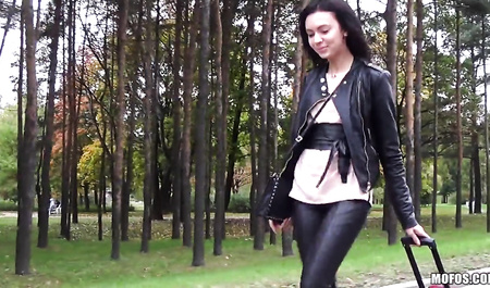 Russian guy gave a brunette a lift and fucked her in a foreign car